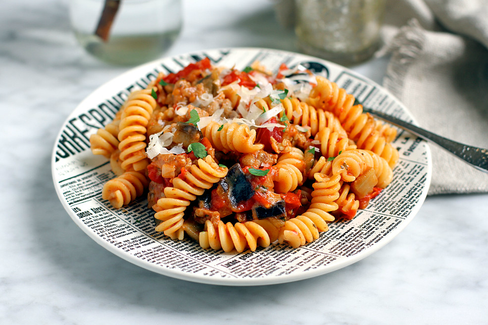 Fusilli with Sausage and Eggplant - Two of a Kind